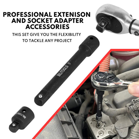 Pro Grade 18 Piece Impact Socket Extension Set with universal joints and adapters in use on car engine, 6-inch extension visible.