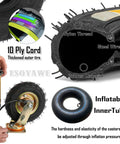 Rock Hard Heavy Duty Pneumatic Rubber Swivel Caster Wheels With Parking Brakes showing 10 ply tire, inner tube, and rubber material details.