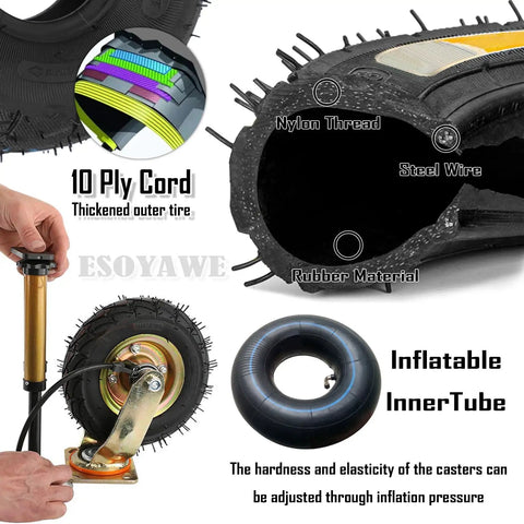 Rock Hard Heavy Duty Pneumatic Rubber Swivel Caster Wheels With Parking Brakes showing 10 ply tire, inner tube, and rubber material details.