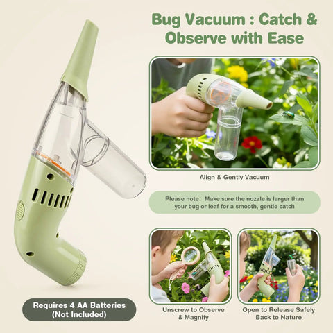 Eleven In One Wooden Bug Catching Kit For Kids Ages 4 8 Outdoor Explorer Set with battery-powered bug vacuum, green handheld view