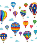Colorful hot air balloon decals for kids adventure, removable and peelable, ideal wall art for bedrooms and playrooms.