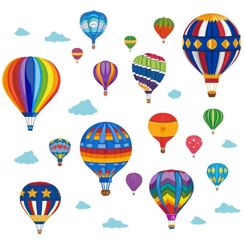 Colorful hot air balloon decals for kids adventure, removable and peelable, ideal wall art for bedrooms and playrooms.