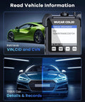 CDL20 Universal OBD2 Scanner Check Engine Car Code Reader displaying VIN retrieval and car details tracking
