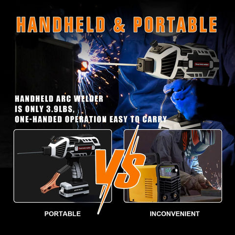 Portable Handheld Arc Welder Gun With IGBT Inverter, 110V, 120 Amp, Lightweight 3.9 Lb shown in use, highlighting portability