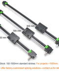 Three belt drive linear actuator sliding tables with NEMA 23 mounts in 400mm, 500mm, and 600mm lengths.