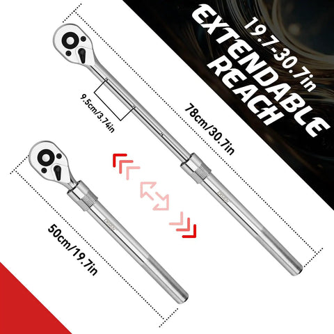 Three Quarter Inch Extendable Drive Ratchet With Twenty Four Tooth Gear And Fifteen Degree Sweep Quick Release Reversible Ratcheting
