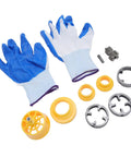 A Total Knockout PVC Pipe Threader Kit 6 Piece Plastic Pipe Threading Tool with gloves, yellow and gray components for plumbing.