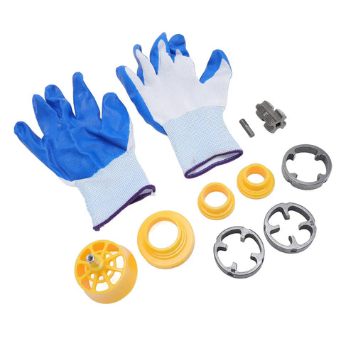 A Total Knockout PVC Pipe Threader Kit 6 Piece Plastic Pipe Threading Tool Makes Your Standard Drill A Smooth Operator For Quick Plumbing Fixes And Hella Reliable DIY Jobs All Around with blue gloves and components laid out.