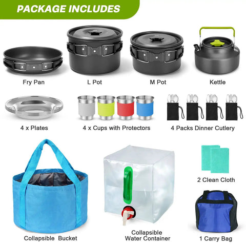 Go To Ultimate 29 Piece Camping Cookware Mess Kit With Nonstick Lightweight Pots And Pans Kettle Collapsible Water Container And Bucket shown with components displayed