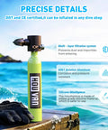 Mini 0.5L Scuba Tank Portable Inflatable Dive Tank DOT Certified with filtration system and silicone mouthpiece on dock.