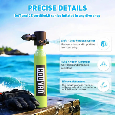 Pocket Size 0.5L Inflatable Mini Scuba Tank Portable Dive Gear DOT Certified displaying features by the sea