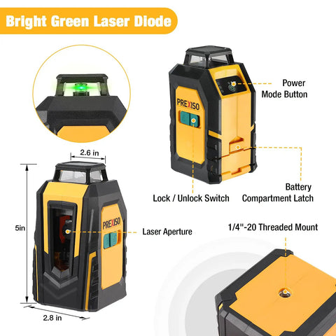 High-Performance 360 Degree Self-Leveling Green Cross Line Laser Level with buttons and latches, showcased close-up.