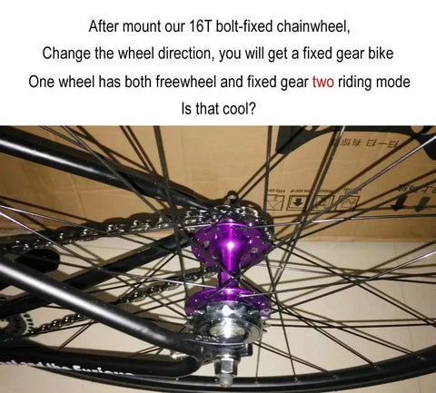 16T Fixed Gear Conversion Kit For Bicycles With Disc Brake Mount Bolts Six Screw Disc Hub Converts Any Bike To A Dope Single Speed Easy Install Durable Silver Cog For Fast Low Drag Ride, showing installed rear wheel with purple hub and silver cog