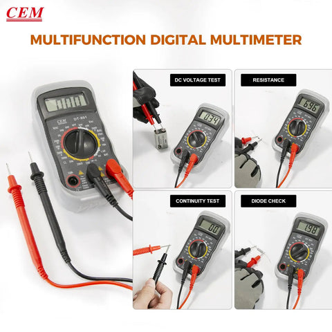 Versatile Digital Multimeter 600 Volt AC DC Voltage Meter With Backlit LCD Display showing various functions and test leads included