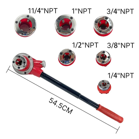 Pro Grade Ratchet Pipe Threader Kit With Six Dies One Quarter Inch Through One And A Quarter Inch Ergonomic Long Handle
