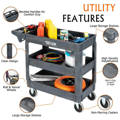Heavy Duty Plastic Utility Cart With Wheels 550 Lb Capacity Three Tier Rolling Storage Organizer For Garage Warehouse And Industrial Use Built Tough Workhorse On Wheels