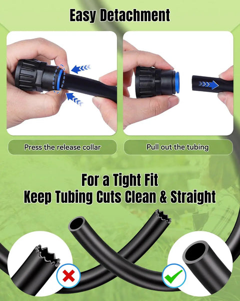 Instructions for using 8 Pack 3/4 To 1/2 Inch Faucet Adapters Kit, showing how to connect and disconnect 1/2 inch tubing.