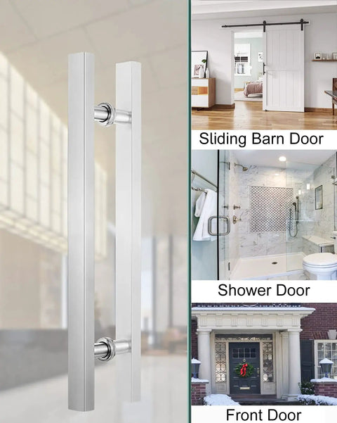 Sliding Barn Door Pull Handle Kit With Install Tools For Wood And Glass Doors, 304 Stainless Steel Front Entry Push Pull Handle shown.