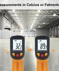 Non Contact Infrared Thermometer Gun With Laser Guide For Cooking And Home Use Measuring From -58 To 1112 F -50 To 600 C Handy Handheld Temperature Sensor showing Celsius and Fahrenheit
