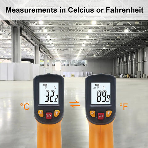 Non Contact Infrared Thermometer Gun With Laser Guide For Cooking And Home Use Measuring From -58 To 1112 F -50 To 600 C Handy Handheld Temperature Sensor showing Celsius and Fahrenheit