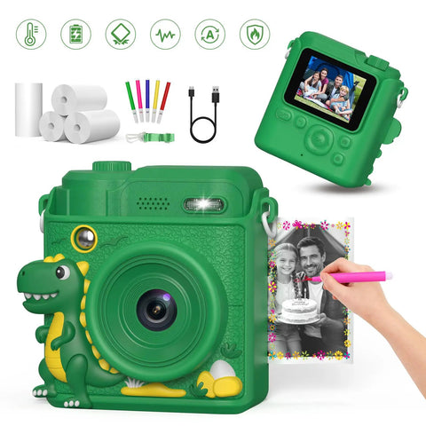 Kids Camera With Instant Print For Fun Snaps, Epic Birthday Gift For Ages 4 To 10, For Girls And Boys, Safe Durable Toy With Easy Paper Prints And Kid Friendly Design green plastic instant print camera with rolls, pens, USB cable, and photo print