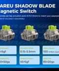 Dareu Shadow Blade Magnetic Switches showing customizable actuation point and specifications for 65 Percent Layout Hall Effect Magnetic Switch Mechanical Gaming Keyboard With 8000Hz Polling Rate Smooth As Butter Response And Built Different Durability For Casual To Pro Gamers.