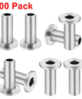 Stainless Steel Protector Sleeve For Cable Railing System One Eighth Inch Wire Rope Kit 100 Pack For Wood Posts Diy Deck Balustrade Protective Sleeve With Drill Bit, showing multiple stainless steel sleeves at various angles.