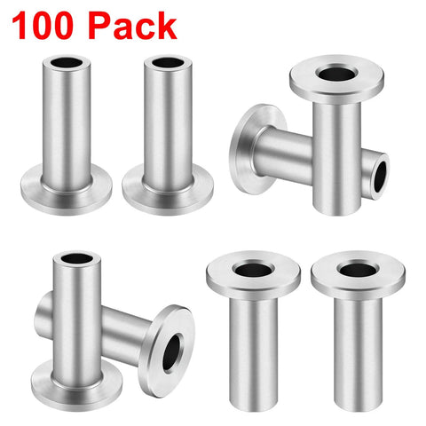 Stainless Steel Protector Sleeve For Cable Railing System One Eighth Inch Wire Rope Kit 100 Pack For Wood Posts Diy Deck Balustrade Protective Sleeve With Drill Bit, showing multiple stainless steel sleeves at various angles.