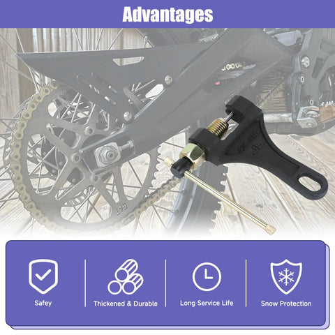 CILOYU universal motorcycle chain breaker tool, black plastic body with metal screw, installed on rear chain for #420-530