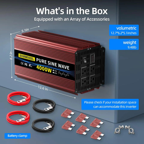 Heavy Duty Beast Mode Pure Sine Wave Power Inverter Converts 12 Volt To 120 Volt With 4000 Watt Continuous Output And 8000 Peak Watts For Rv Campers And Homes with accessories.