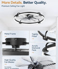 24 Inch Low Profile Ceiling Fan With Brushless Dc Motor And Smart App Remote Brings Fresh Cooling Vibes To Bedrooms Or Living Rooms While Featuring Stepless Dimmable LED Light And Tunable Warm Cool Tones In Matte Black, showcasing metal frame and acrylic diamond face.