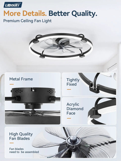 24 Inch Low Profile Ceiling Fan With Brushless Dc Motor And Smart App Remote Brings Fresh Cooling Vibes To Bedrooms Or Living Rooms While Featuring Stepless Dimmable LED Light And Tunable Warm Cool Tones In Matte Black, showcasing metal frame and acrylic diamond face.