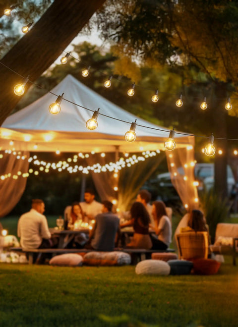 LED Outdoor String Lights 109 Ft With 52 Edison Shatterproof Bulbs Plus 2 Spares hanging over a backyard gathering at dusk
