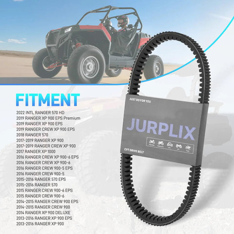 Heavy Duty No Clutch Recalibration CVT Drive Belt For Ranger XP 900 Crew Fits 2013 To 2020 Models on display with fitment details.