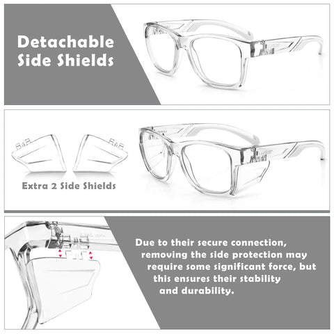Anti Fog Safety Glasses With Side Shields And All Day Comfort For Work And Home ANSI Z87 1 Rated Eye Protection With UV Shield And Everyday Hustle Ready For Any Task, shown with removable side shields and additional shields.