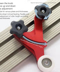 Built Tough Adjustable Table Saw Stock Guide With Slick Rolling Aluminum Bearing Wheels For Reliable Woodworking Feed Support tight precision showing flexible roller height adjuster.