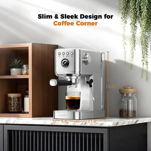 No Hassle One Touch Espresso Maker For Latte Americano Iced Coffee Silver Chassis on kitchen counter with coffee glass.