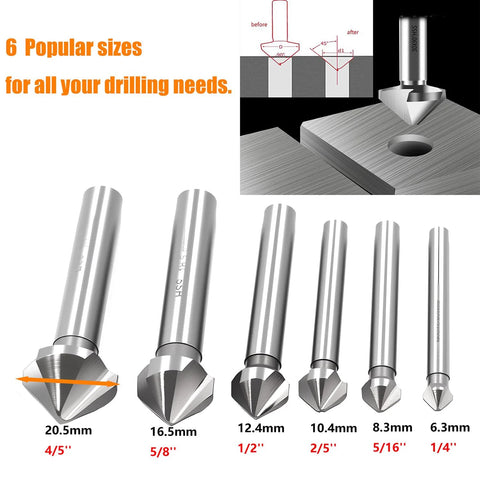 Amazon six-piece steel HSS countersink drill bit set; 3-flute, 90° chamfering bits for metal and wood, sizes 1/4–4/5.