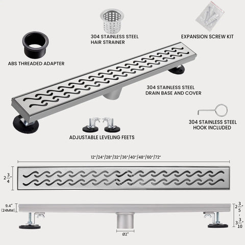 24 Inch Linear Shower Drain In Brushed Nickel showing parts including hair strainer, drain base, and adjustable feet.