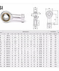 Top Shelf Metric Threaded Rod End Ball Joint Bearing Male Female Socket Featuring Angular Contact Left Hand Thread with dimensions chart.