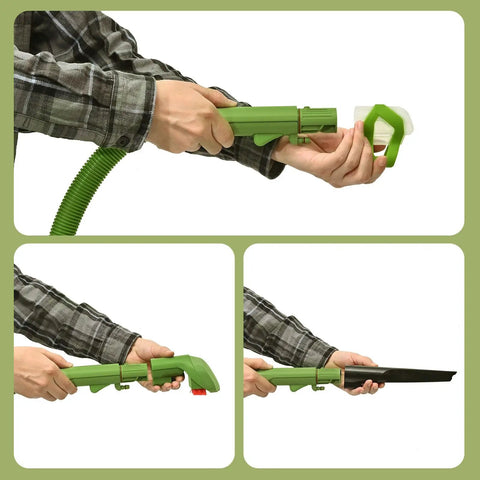 Hands using Flexible Replacement Hose For Little Green Upright And Portable Carpet Cleaners with attachments on white background.