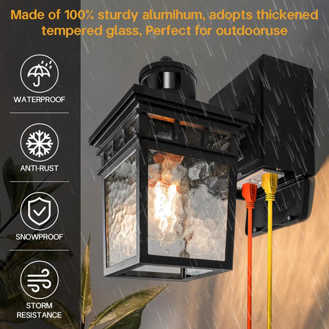 Close-up of Two Pack Outdoor Porch Light With GFCI Outlets, Dusk To Dawn Motion Sensor, showing rain, dual plugs, and glass detail