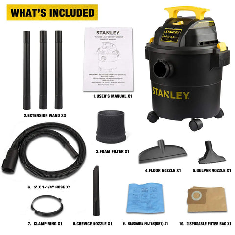 Powerful 5 Gallon Wet Dry Shop Vacuum with 4 Peak HP, 85 CFM, accessories layout, includes nozzles, wands, and filters.