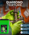 Beefy Eight Mil Green Nitrile Gloves Bulk Bucket Five Hundred Count Extra Large raised diamond textured grip used for mechanical tasks.