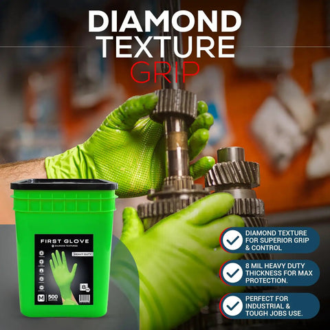 Beefy Eight Mil Green Nitrile Gloves Bulk Bucket Five Hundred Count Extra Large raised diamond textured grip used for mechanical tasks.