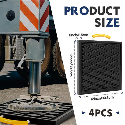 Four Piece Heavy Duty RV Jack Pads With Easy Grip Handles 12 X 12 X 1 Inch Durable Polyethylene stabilizer blocks beneath RV jack.