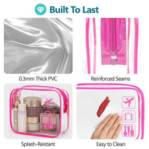 Features of TSA Approved Clear Toiletry Bags Set, 5 Pack In 5 Colors; PVC material, reinforced seams, splash-resistant, easy to clean.