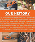 FEIN power tools in use with "Our History" text highlighting the company's global impact and subsidiaries.