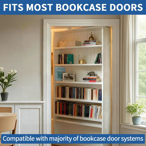 Heavy Duty Hidden Door Book Latch Featuring Slick Concealed Bookshelf Catch For Seamless Safe Room Upgrade And Smooth Operator DIY Stealth Lock Set in a stylish home setting with bookshelves.