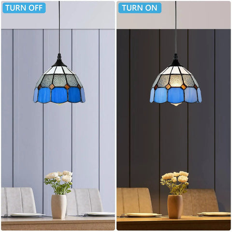 Plug In Tiffany Style Pendant Light With 16.4 Ft Cord, Dimmable Rotary Dimmer, Vintage Swag Ceiling Lamp, light on and off view